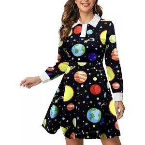Womens Long Sleeves Peter Pan Collar Aline Fit and Flare Planetary Cosmos Dress